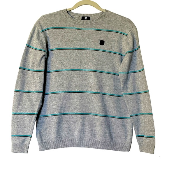 DC Gray with Green/Black Stripes Crew Neck Sweater Size Small - Picture 1 of 12